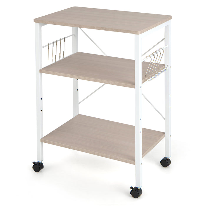 Utility Cart Storage Trolley, 3-Tier - Rustic Brown Design with 10 Removable Hooks - Ideal for Home Organization and Storage Solutions