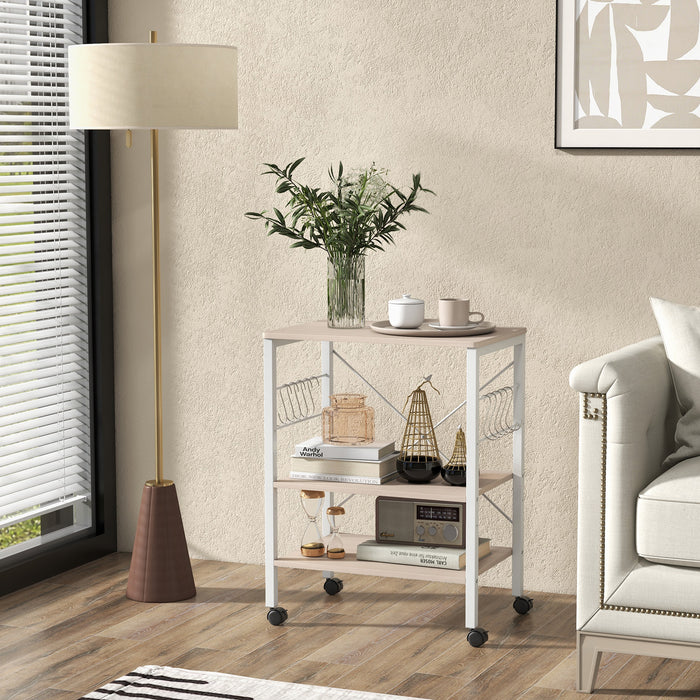 Utility Cart Storage Trolley, 3-Tier - Rustic Brown Design with 10 Removable Hooks - Ideal for Home Organization and Storage Solutions