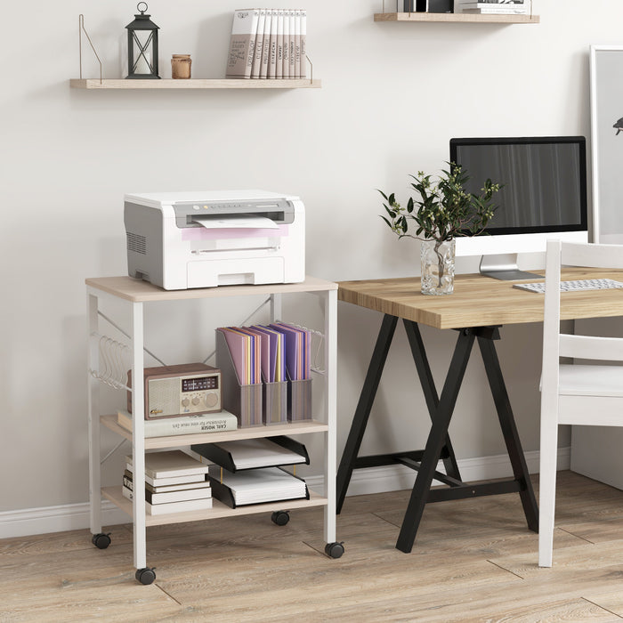 Utility Cart Storage Trolley, 3-Tier - Rustic Brown Design with 10 Removable Hooks - Ideal for Home Organization and Storage Solutions