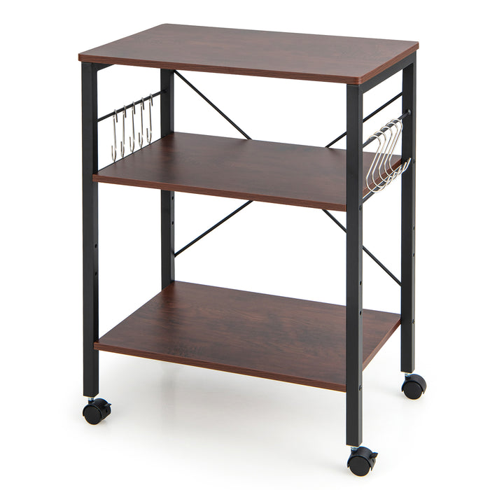 Utility Cart Storage Trolley, 3-Tier - Rustic Brown Design with 10 Removable Hooks - Ideal for Home Organization and Storage Solutions