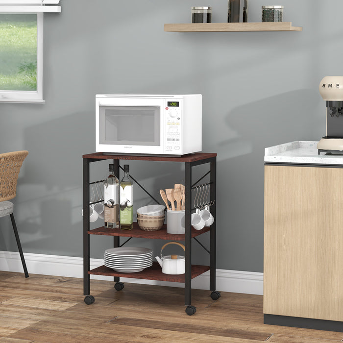 Utility Cart Storage Trolley, 3-Tier - Rustic Brown Design with 10 Removable Hooks - Ideal for Home Organization and Storage Solutions