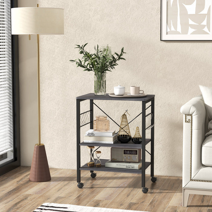 Utility Cart Storage Trolley, 3-Tier - Rustic Brown Design with 10 Removable Hooks - Ideal for Home Organization and Storage Solutions