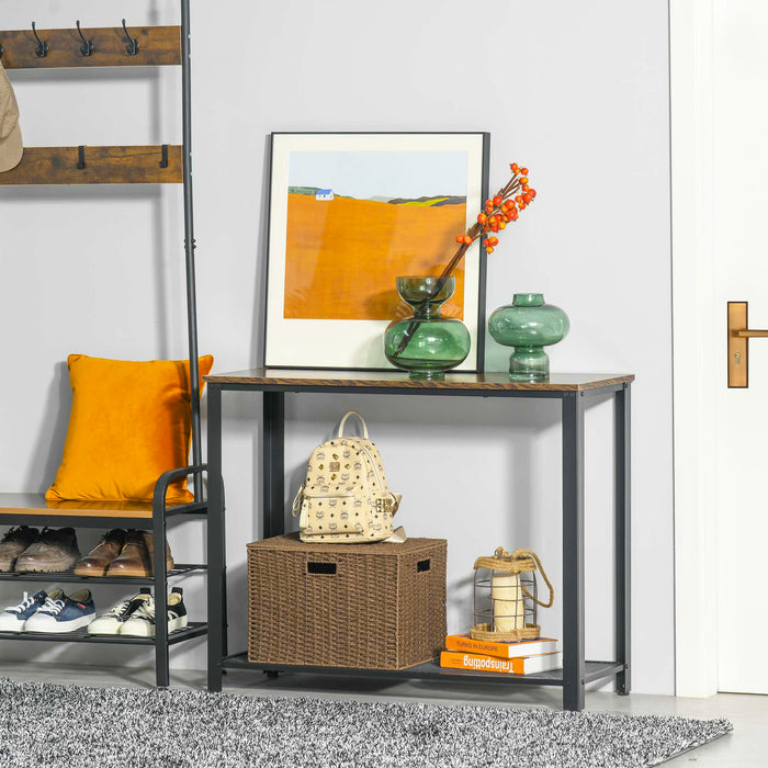2-Tier Console Table with Mesh Shelf - Rectangular Side/End Table, Adjustable Feet, Brown & Black - Ideal for Living Room, Entryway, Hallway Storage & Display