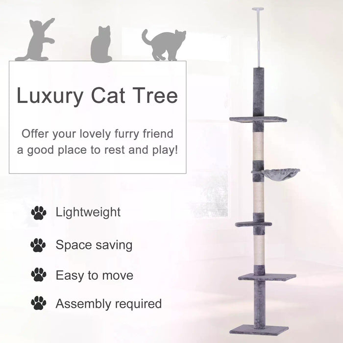 Cat's Empire Adjustable High-Rise Scratching Post - 5-Level Plush Platforms for Feline Fun, Grey - Ideal for Indoor Cats' Exercise and Entertainment