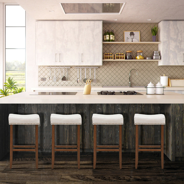 Set of 2 Bar Stools - Traditional Beige Upholstered Design - Perfect for Home Bars or Kitchen Counters