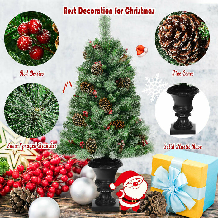 Snow Flocked 4FT Artificial Christmas Tree - Festive Decor with Red Berries - Perfect for a Traditional Holiday Setting