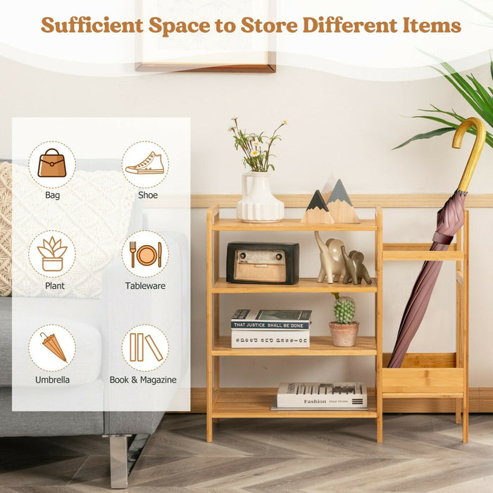 Bamboo Shoe Rack - 4 Shelves with Integrated Umbrella Stand, Natural Finish - Ideal Storage Solution for Shoe and Umbrella Organization
