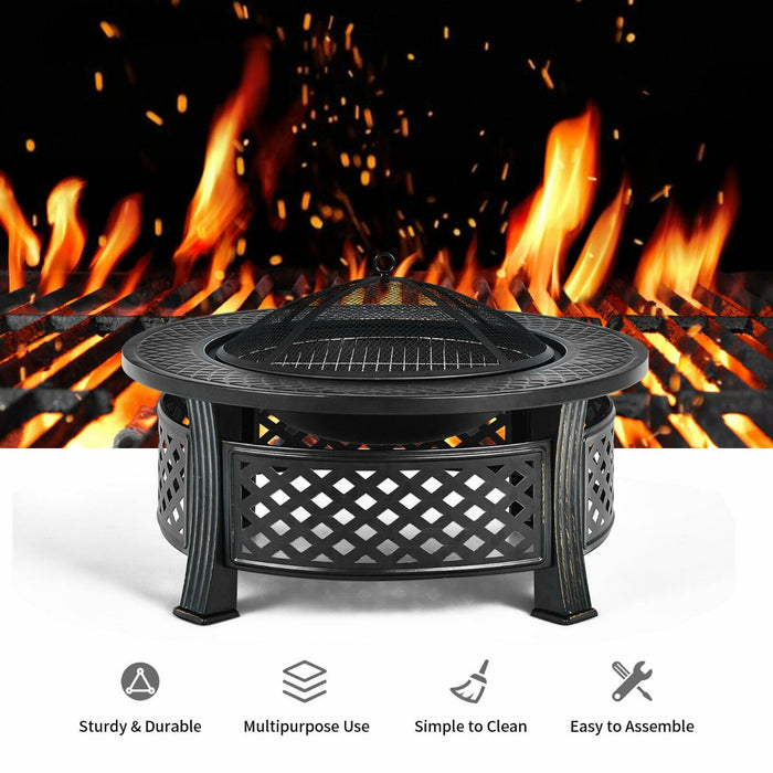 Outdoor Fire Pit Set - 3 in 1 Round Design With BBQ Grill and Rain Cover - Ideal for Outdoor Entertaining and Cooking
