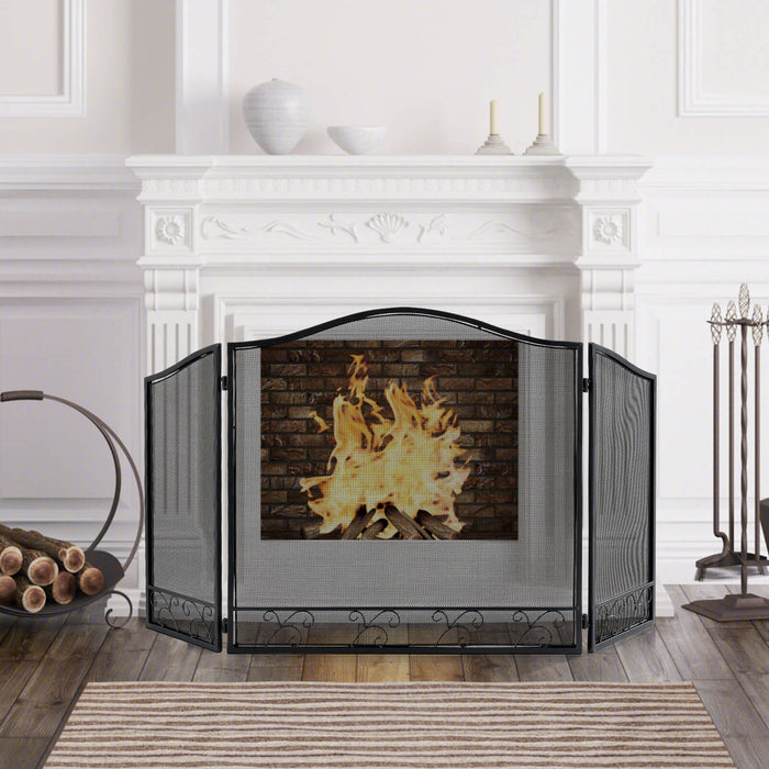 Iron Folding Fireplace Screen - 3 Panel Black Fence with Flexible Hinges - Ideal for Safe Use of Fireplaces