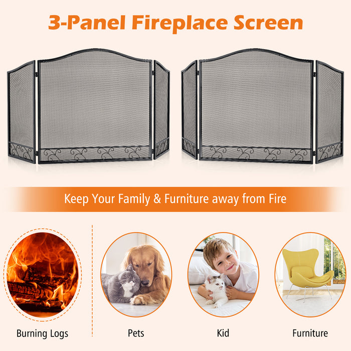 Iron Folding Fireplace Screen - 3 Panel Black Fence with Flexible Hinges - Ideal for Safe Use of Fireplaces