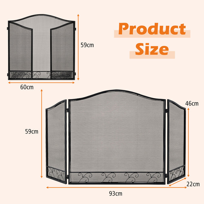 Iron Folding Fireplace Screen - 3 Panel Black Fence with Flexible Hinges - Ideal for Safe Use of Fireplaces