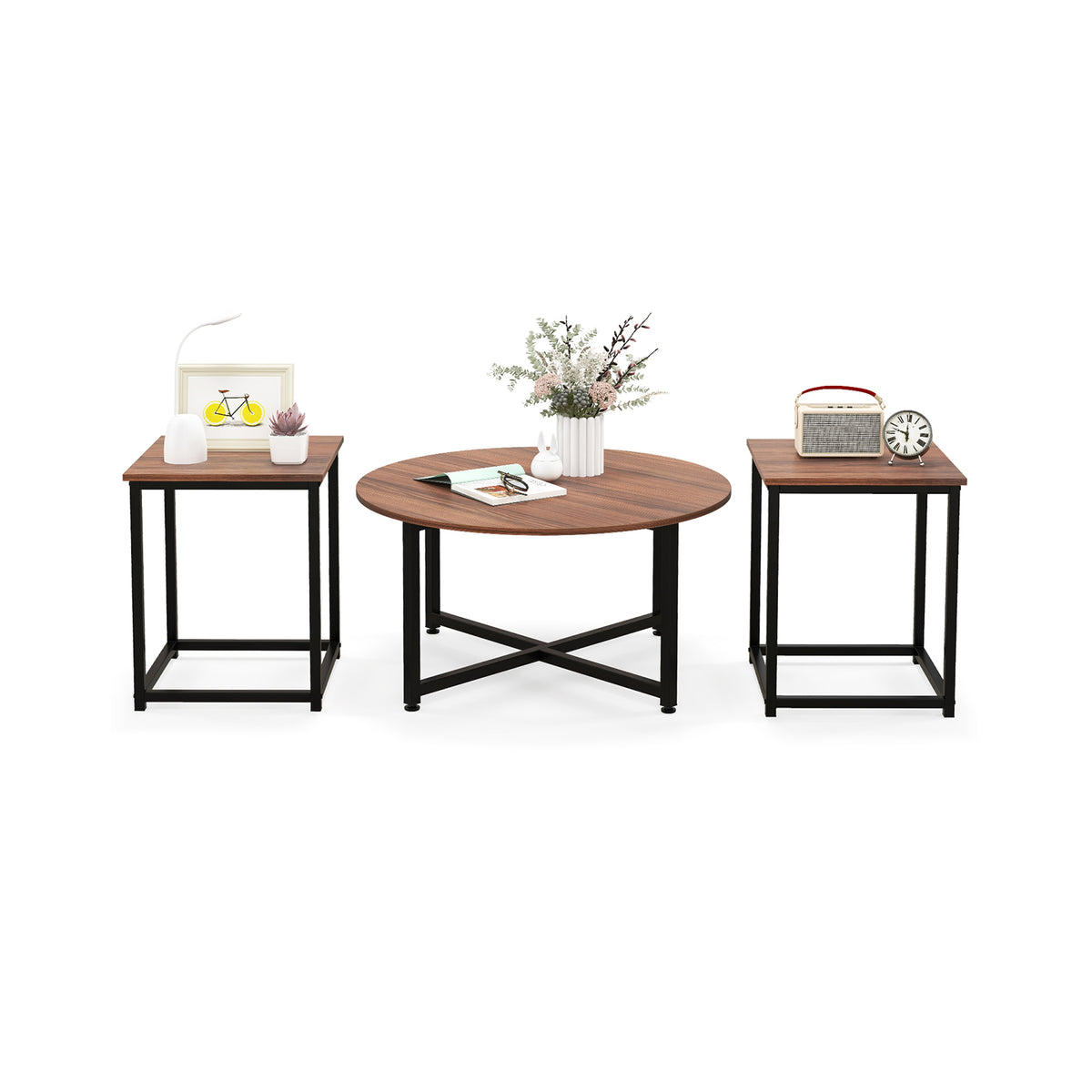 Heavy-duty Metal Framed 3-Piece Coffee Table Set - Walnut Finish, Modern Aesthetic - Ideal for Home Living Room or Office Waiting Areas