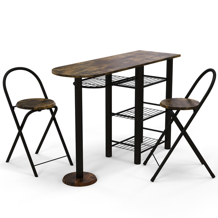 3-Piece Furniture Set - Dining Table with Built-In Storage Shelves, Coffee Finish - Perfect for Compact Living Spaces and Efficient Homestyle Solutions