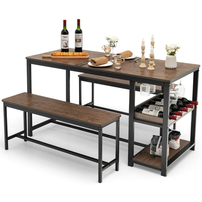 3-Piece Dining Set - Compact Kitchen Table with Storage Rack, Brown - Ideal for Small Spaces and Efficient Organizing