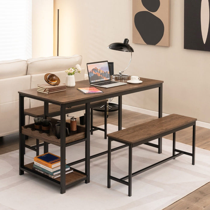 3-Piece Dining Set - Compact Kitchen Table with Storage Rack, Brown - Ideal for Small Spaces and Efficient Organizing