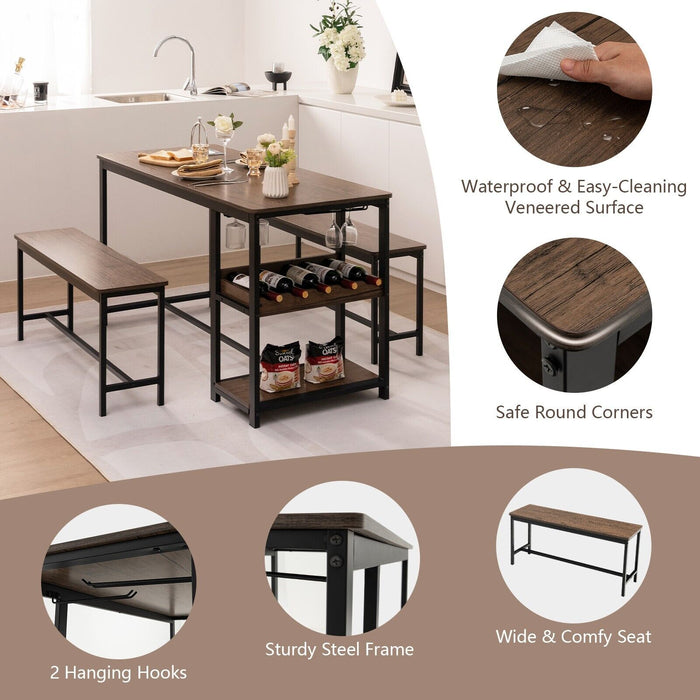 3-Piece Dining Set - Compact Kitchen Table with Storage Rack, Brown - Ideal for Small Spaces and Efficient Organizing