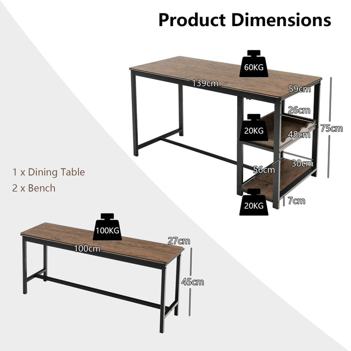 3-Piece Dining Set - Compact Kitchen Table with Storage Rack, Brown - Ideal for Small Spaces and Efficient Organizing