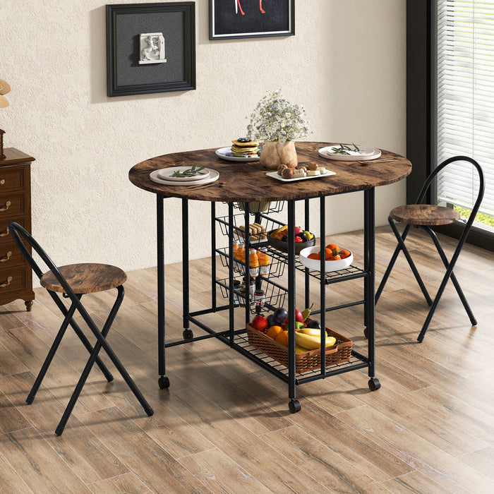 Drop-Leaf Rolling Dining Set - 3 Piece Brown Table with 2 Shelves - Ideal for Compact Dining Spaces
