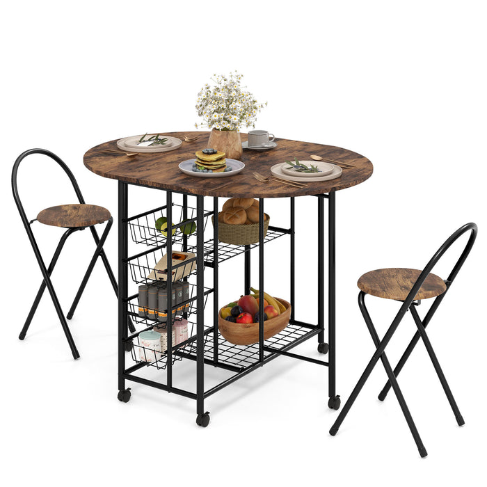 Drop-Leaf Rolling Dining Set - 3 Piece Brown Table with 2 Shelves - Ideal for Compact Dining Spaces