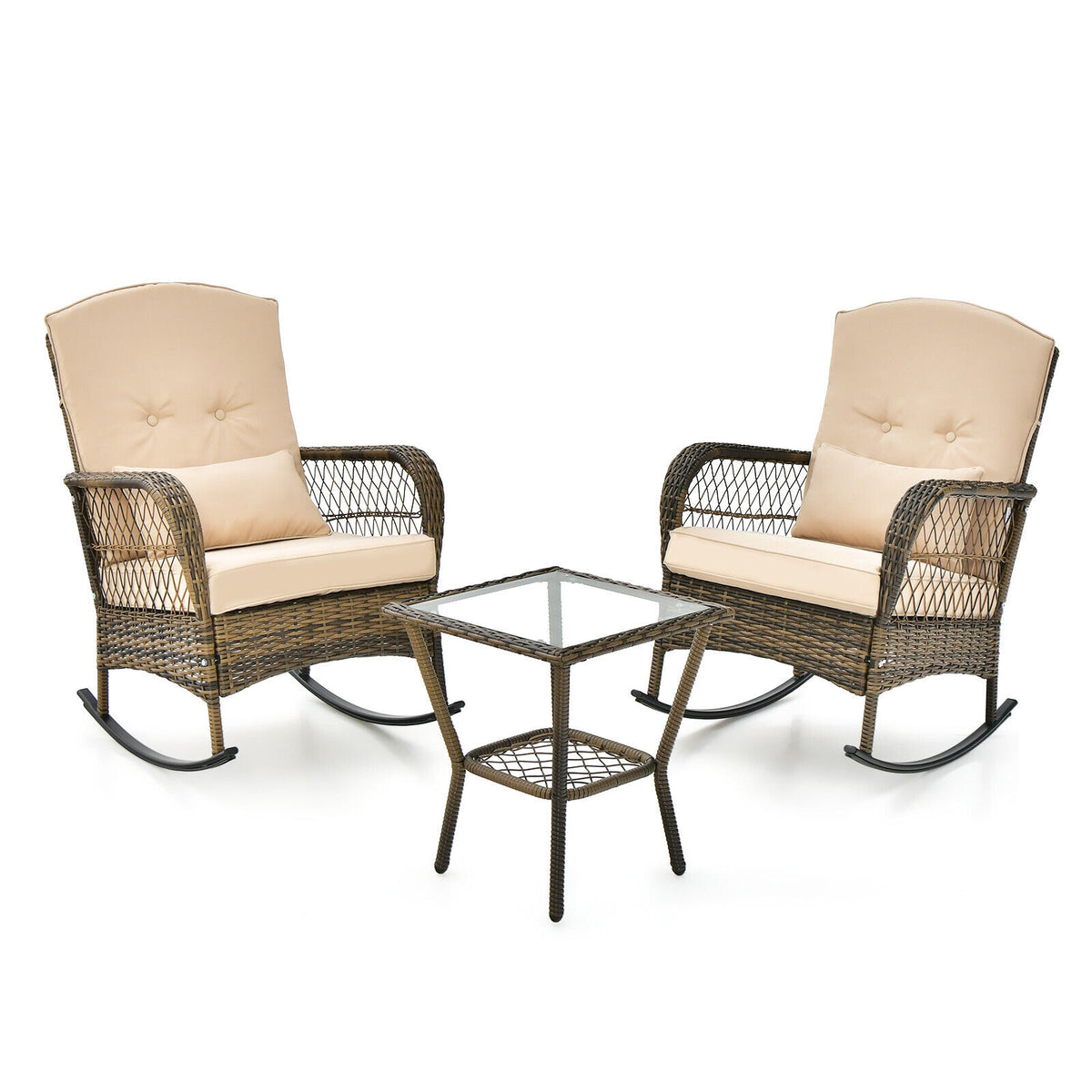 3 Piece Rocking Chair Set - Outdoor Furniture with Comfortable Cushions and Pillow - Ideal for Relaxing on Patio, Porch, Garden, or Backyard
