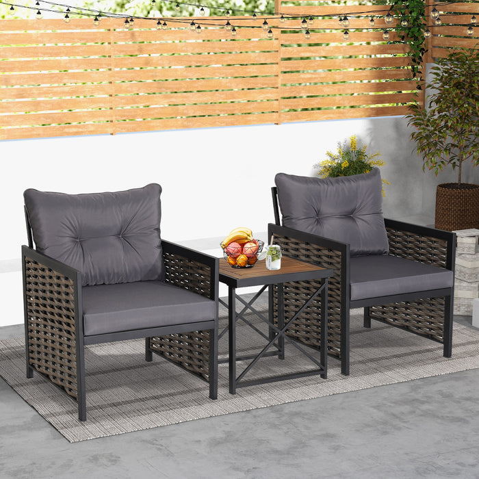 3-Piece Rattan Patio Set - Acacia Wood Tabletop Bistro Furniture - Ideal for Outdoor Dining & Relaxation
