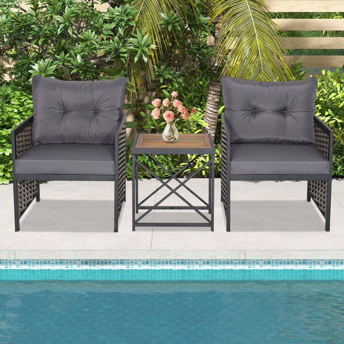 3-Piece Rattan Patio Set - Acacia Wood Tabletop Bistro Furniture - Ideal for Outdoor Dining & Relaxation