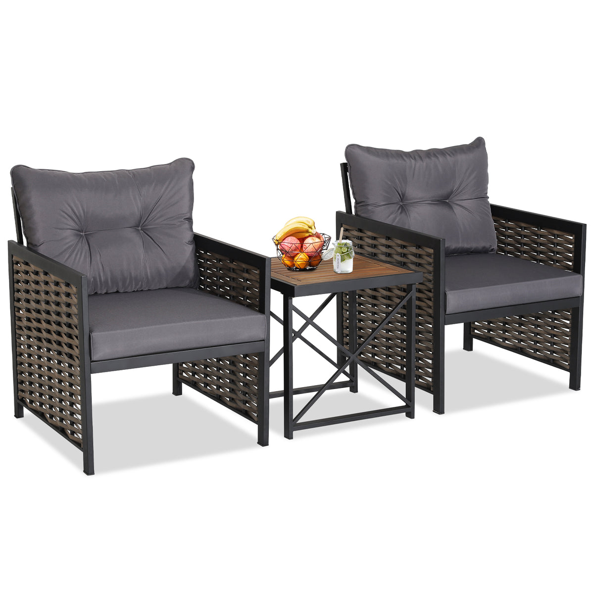 3-Piece Rattan Patio Set - Acacia Wood Tabletop Bistro Furniture - Ideal for Outdoor Dining & Relaxation