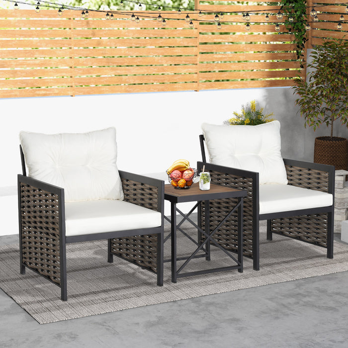 3-Piece Rattan Patio Set - Acacia Wood Tabletop Bistro Furniture - Ideal for Outdoor Dining & Relaxation