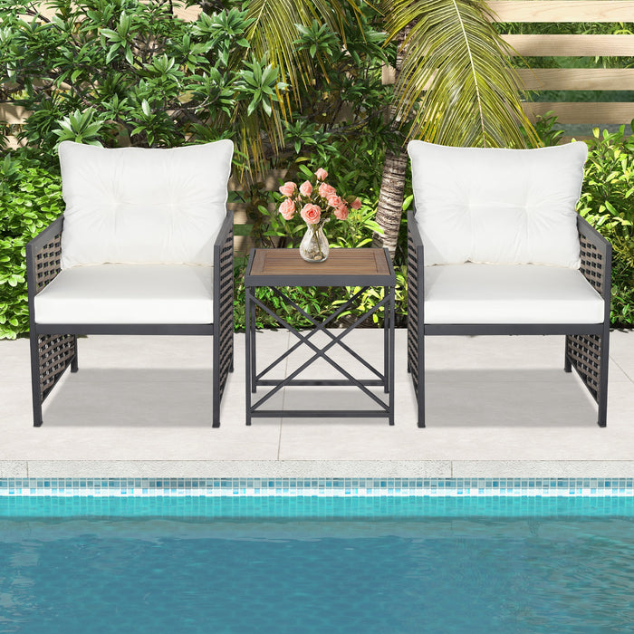 3-Piece Rattan Patio Set - Acacia Wood Tabletop Bistro Furniture - Ideal for Outdoor Dining & Relaxation