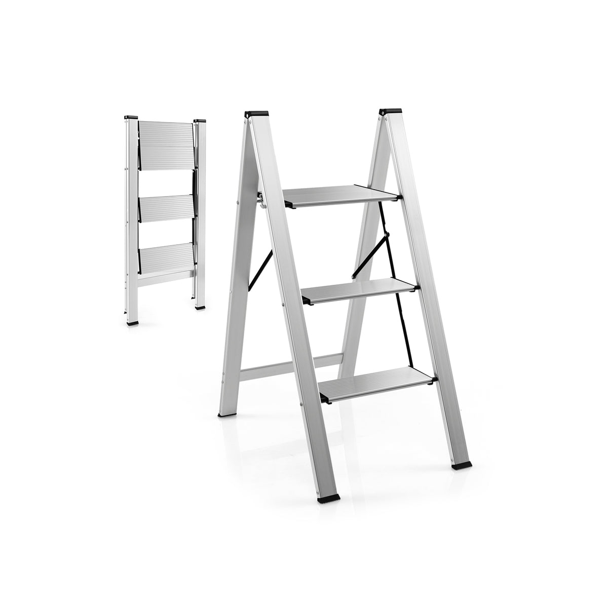 Folding Ladder with 3-steps - Silver Wide Anti-slip Pedestal - Ideal for Safe and Easy Reach of High Spots