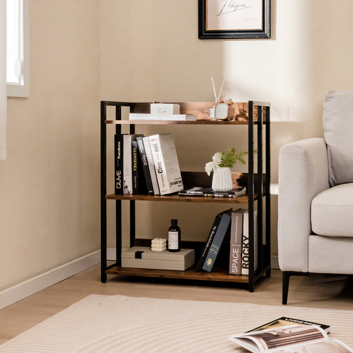 Adjustable 3-Tier Bookshelf - Rustic Brown with Metal Frame - Ideal for Home or Office Storage Solutions