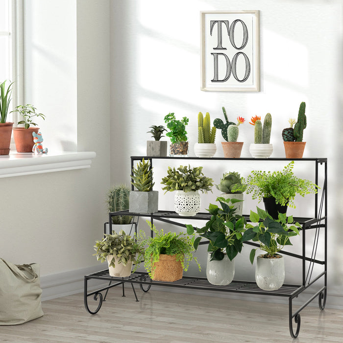 3-Tier Ladder - Mental Plant Stand with Grid Shelf - Ideal for Displaying Multiple Plants Indoors and Outdoors