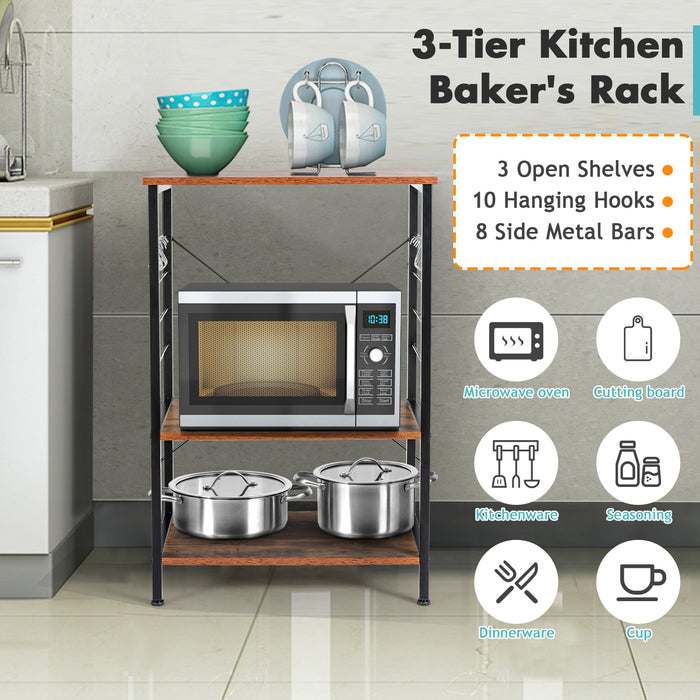 3-Tier Microwave Stand - Brown Stand with 10 Hanging Hooks and Open Shelves - Ideal for Organizing Kitchen Appliances and Utensils