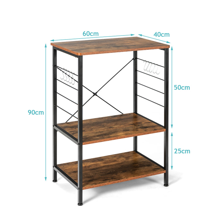 3-Tier Microwave Stand - Brown Stand with 10 Hanging Hooks and Open Shelves - Ideal for Organizing Kitchen Appliances and Utensils