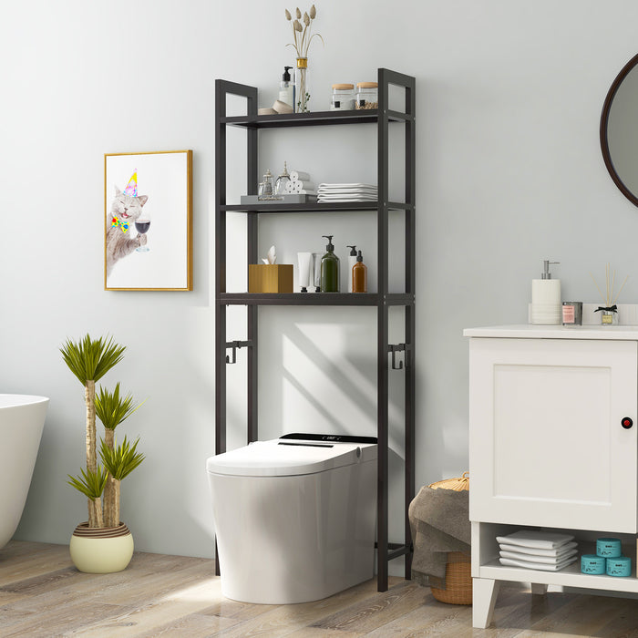 Over-The-Toilet Rack - Storage Shelf with Anti-tipping Device and Hooks in Brown - Ideal for Bathroom Organization