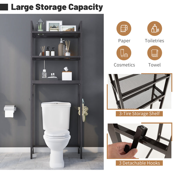 Over-The-Toilet Rack - Storage Shelf with Anti-tipping Device and Hooks in Brown - Ideal for Bathroom Organization