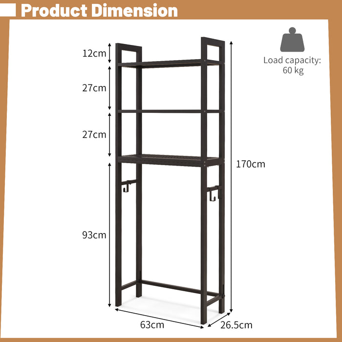 Over-The-Toilet Rack - Storage Shelf with Anti-tipping Device and Hooks in Brown - Ideal for Bathroom Organization