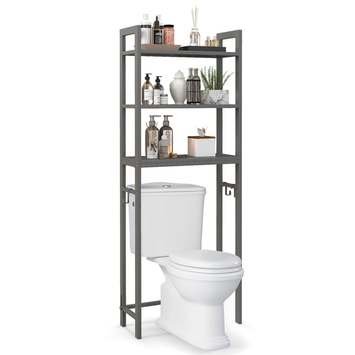 Over-The-Toilet Rack - Storage Shelf with Anti-tipping Device and Hooks in Brown - Ideal for Bathroom Organization