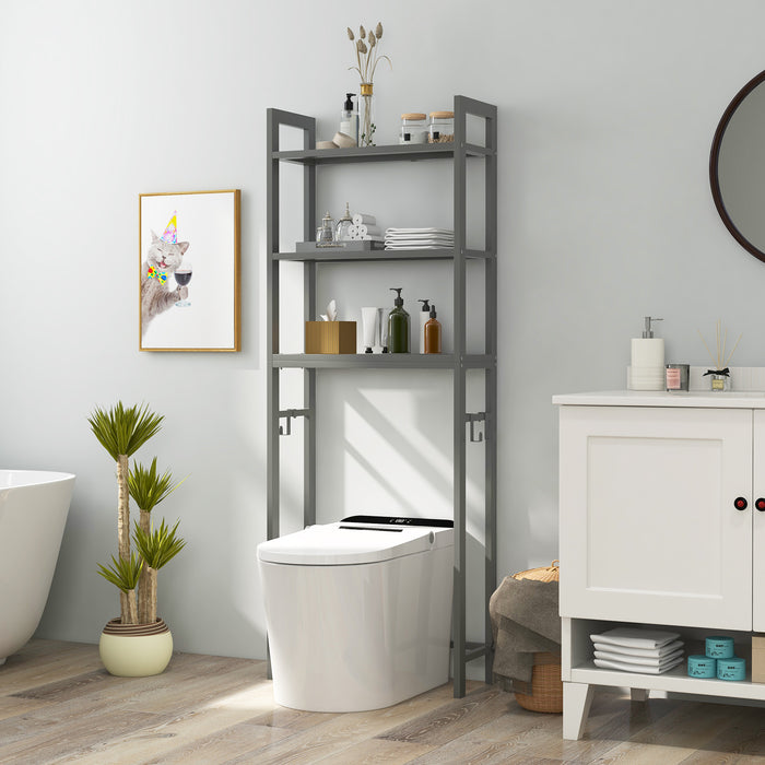 Over-The-Toilet Rack - Storage Shelf with Anti-tipping Device and Hooks in Brown - Ideal for Bathroom Organization
