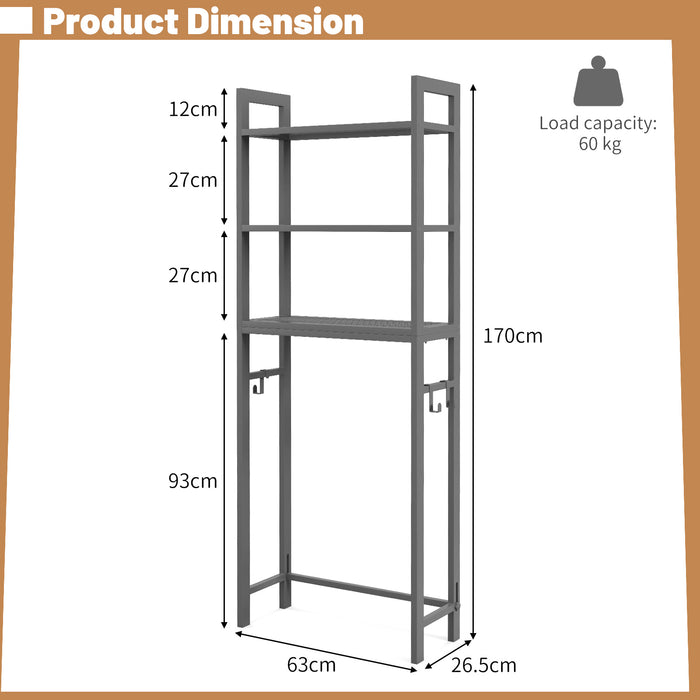 Over-The-Toilet Rack - Storage Shelf with Anti-tipping Device and Hooks in Brown - Ideal for Bathroom Organization