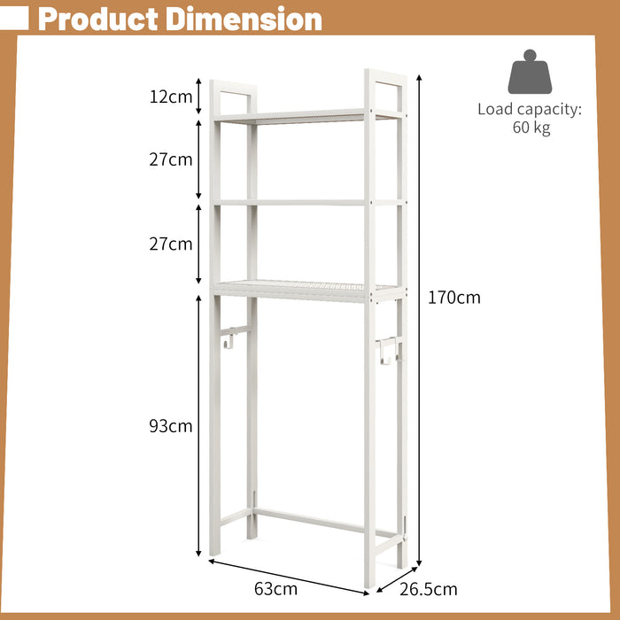 Over-The-Toilet Rack - Storage Shelf with Anti-tipping Device and Hooks in Brown - Ideal for Bathroom Organization