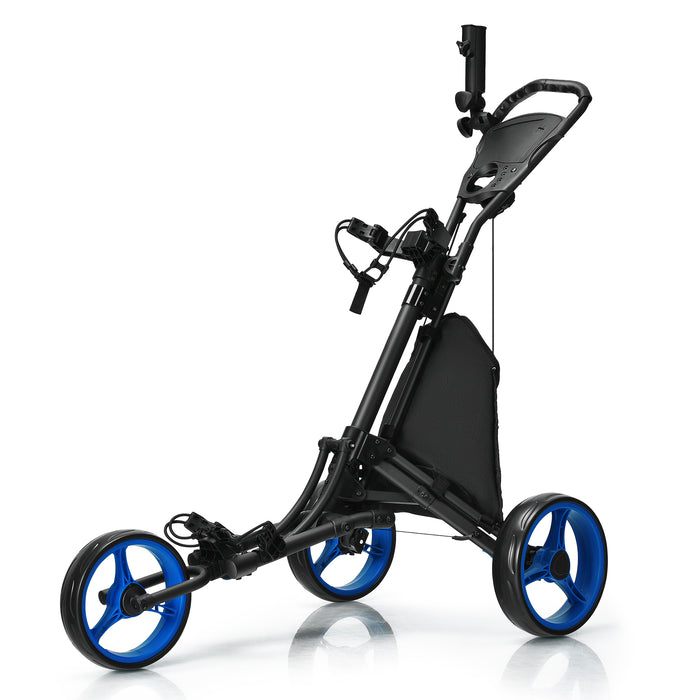Blue Golf Push Pull Cart, 3 Wheel Model - With Adjustable Height Handle for Comfortable Use - Perfect for Golfers Looking for Portability and Stability on the Course