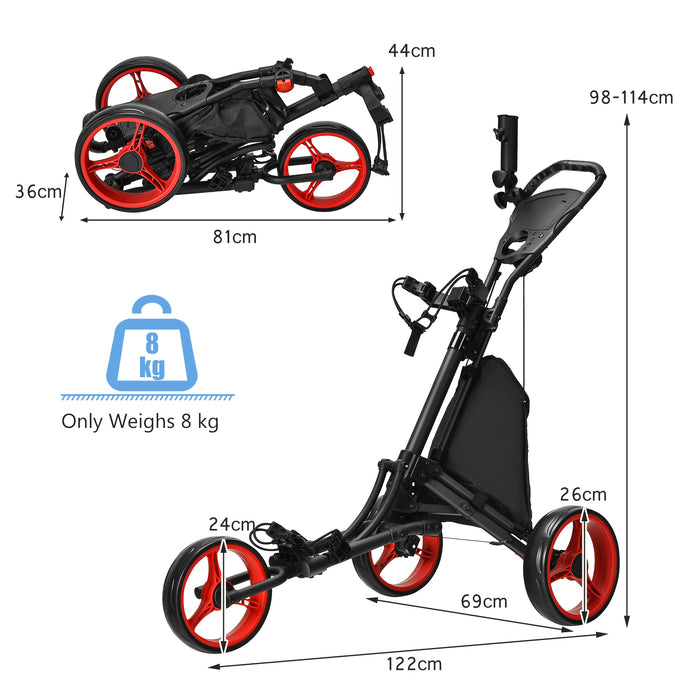 Blue Golf Push Pull Cart, 3 Wheel Model - With Adjustable Height Handle for Comfortable Use - Perfect for Golfers Looking for Portability and Stability on the Course