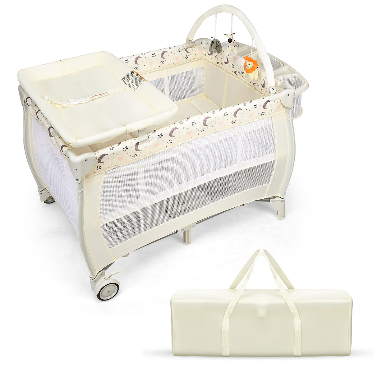 Convertible 3 in 1 Bassinet Cot - With Changing Table and Toy Bar, Beige - Ideal for New Parents and Infant Recreation