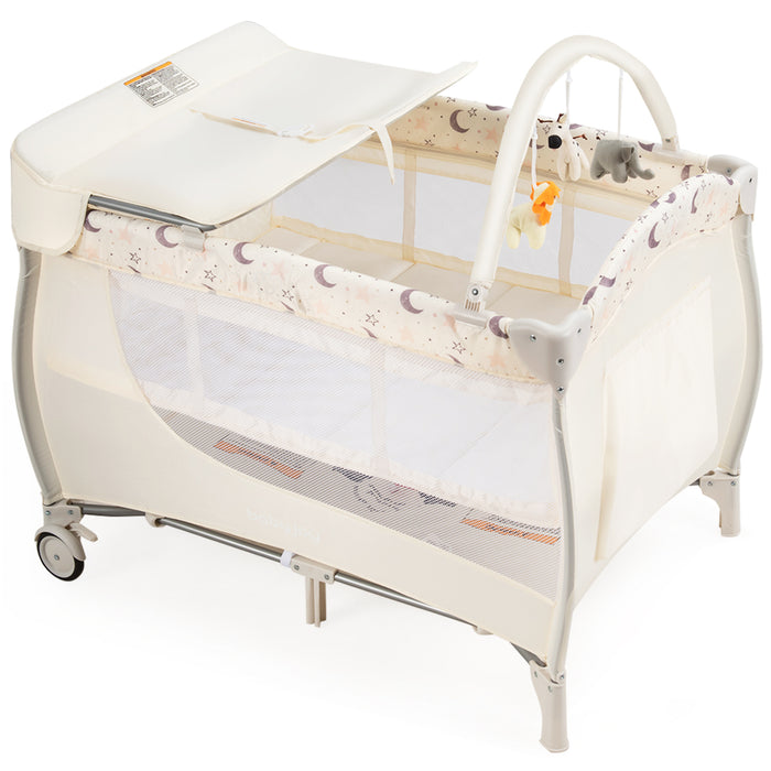 Convertible Playard and Bassinet - 3 in 1 Portable Baby Playpen in Beige - Ideal for Growing Infants and Toddlers for Safe Play and Rest