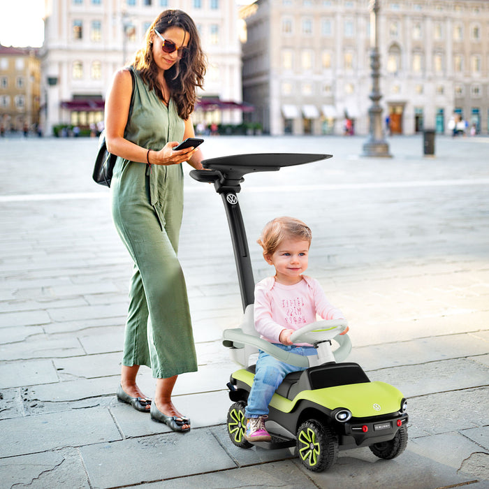 3 in 1 Kids Ride-On Green Car - Featuring Handle and Canopy - Perfect Outdoor Toy for Mobility Training and Sun Protection