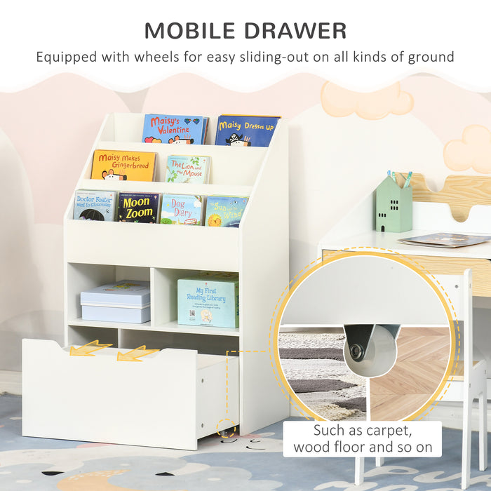 Kids Bookshelf and Toy Storage - Multifunctional Shelf with Drawer and Wheels - Ideal for Playroom Organization and Space Saving