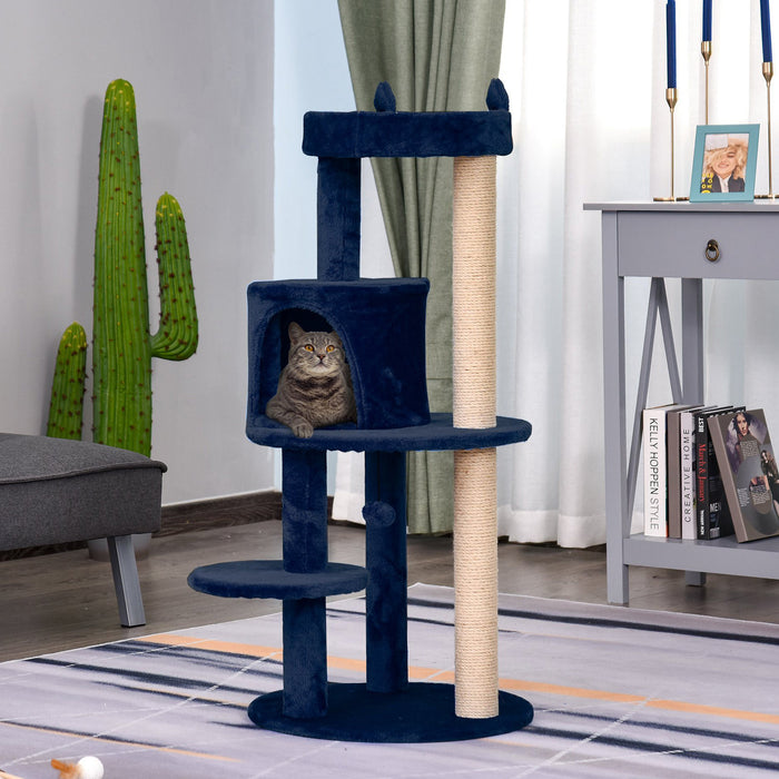 3-Tier Cat Scratching Post with Sisal Rope and Dangling Toy - Sturdy Blue Kitten Activity Tower - Ideal for Feline Scratching, Climbing, and Playing