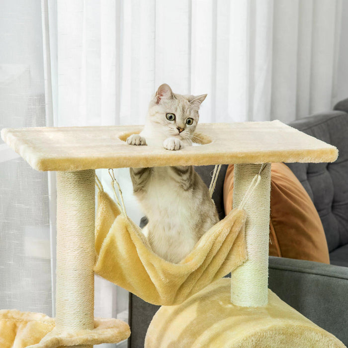 Cat Tree Tower Kitten Activity Centre - Scratching Post, Hammock, Condo Bed, Basket, and Ladder - 98 cm Beige Playhouse for Cats