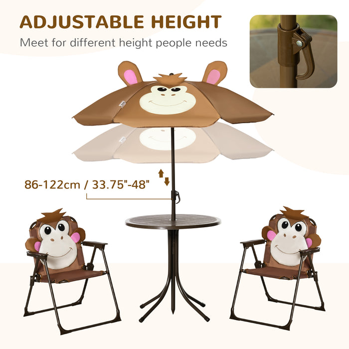 Outdoor Kids Picnic Table and Chair Set with Monkey Motif - Foldable Garden Furniture with Adjustable Sunshade for Children - Perfect for Ages 3 to 6, Brown